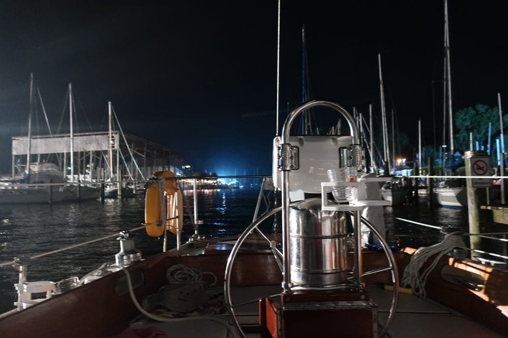 nightime in a slip aboard a Hinckley sailboat